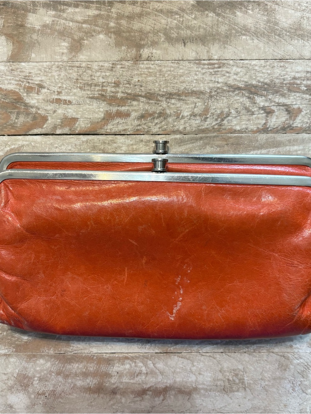 HOBO Leather Kiss-Lock Wallet in Vibrant Orange-Red